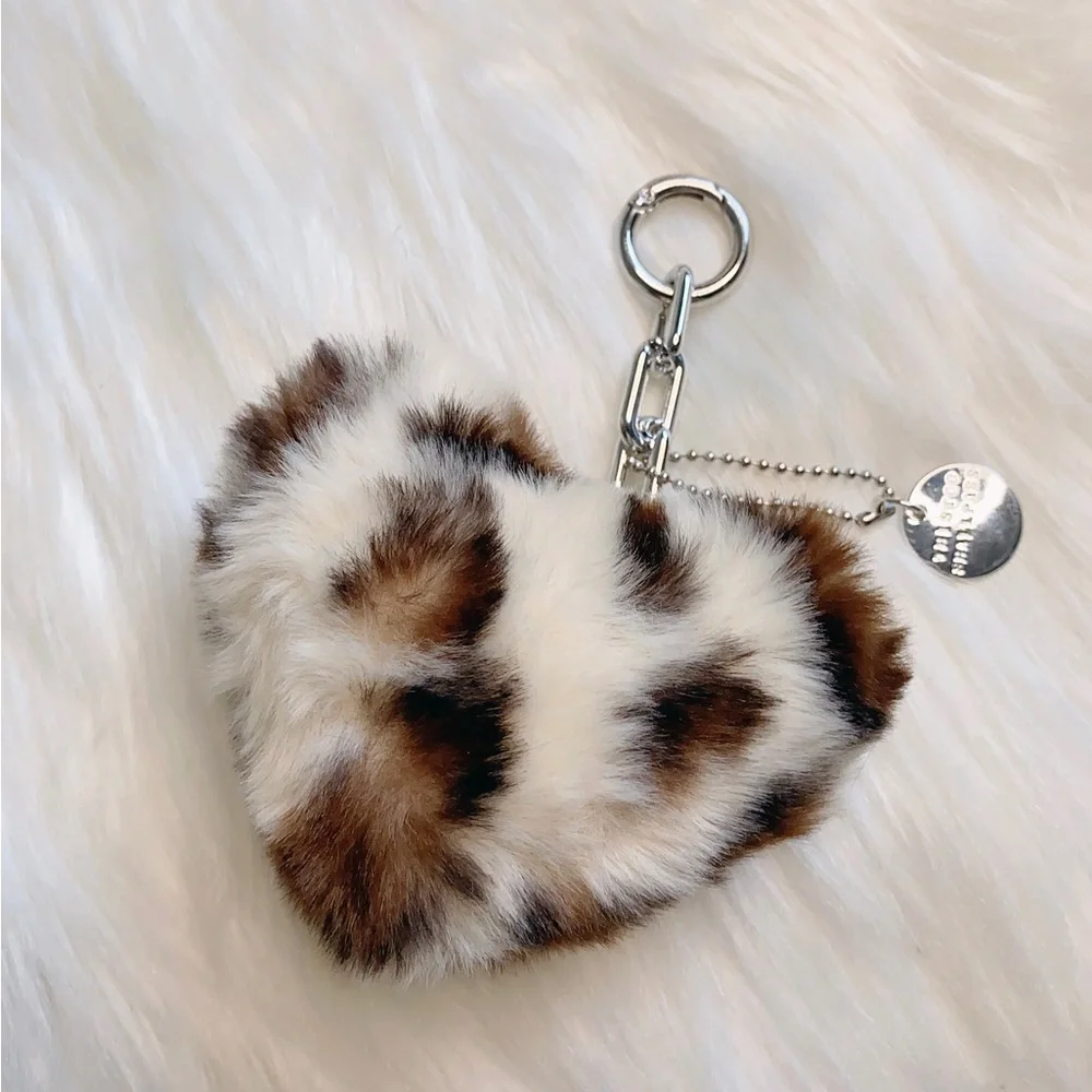 Leopard Print Fluffy Heart Pom Pom Keychain Bag Charm Keyring Birthday Gift